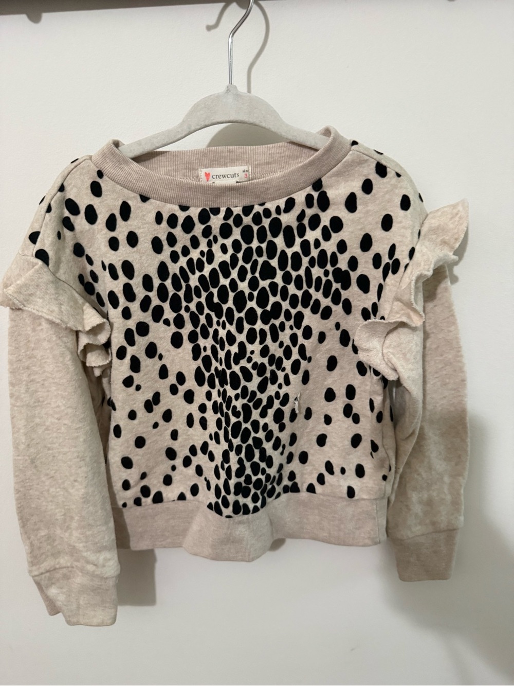 JCrew Girls' Cream Sweater with Black Spot Print and Ruffle Shoulders